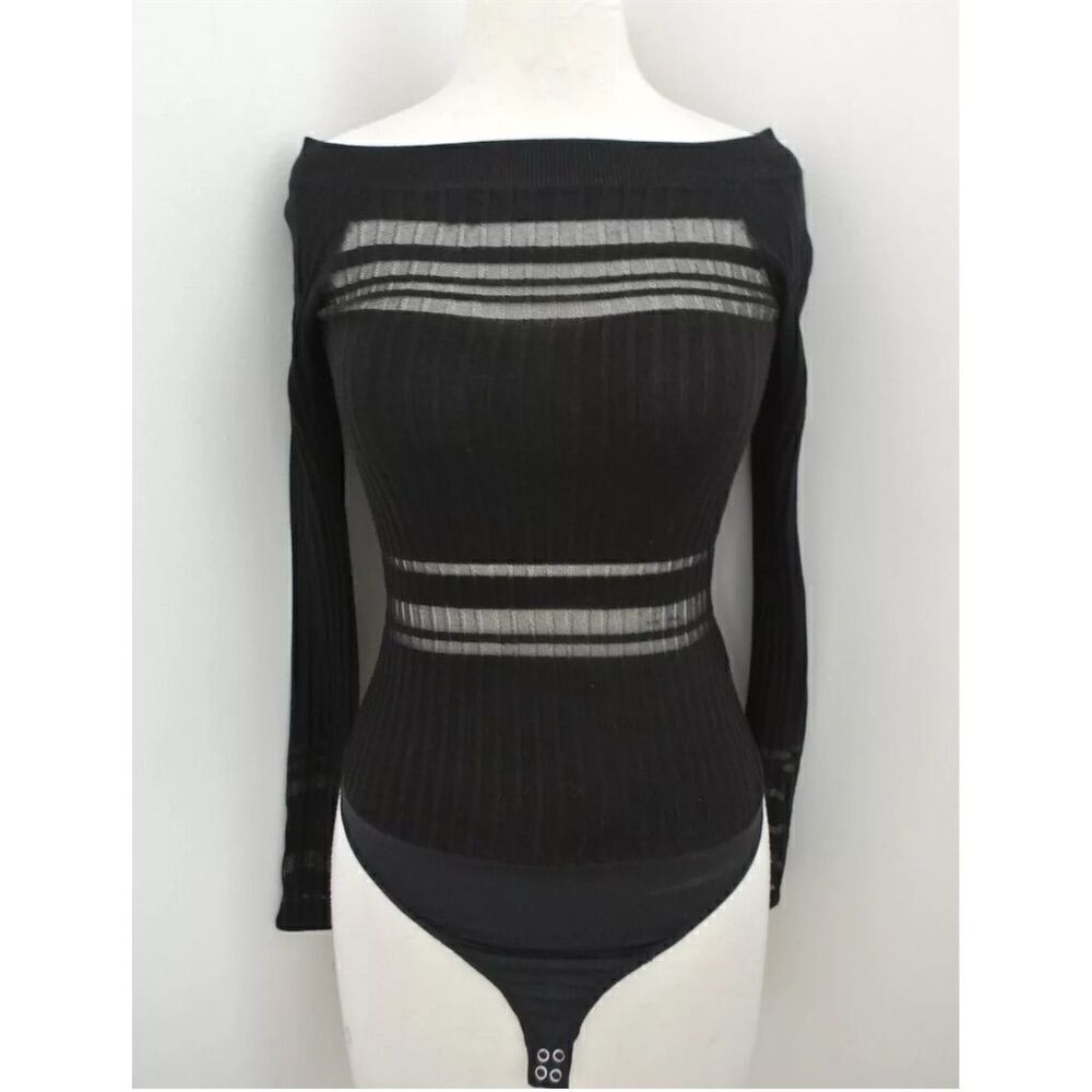 INTERMIX Women's Black Sheer Knit Bodysuit Size L‎ Off-Shoulder Top